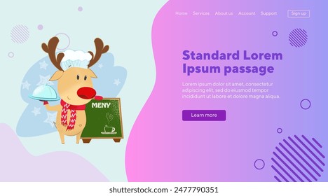 Reindeer showing Christmas menu flat vector illustration. Cartoon character cooking tasty dishes. Food, restaurant, cafe concept for banner or landing page