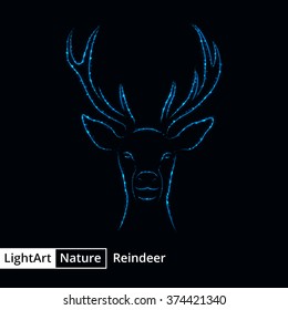 Reindeer silhouette of blue lights on black background