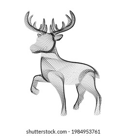Reindeer silhouette consisting of black dots and particles. 3D vector wireframe of horned deer with a grain texture. Abstract geometric icon with dotted structure isolated on a white background