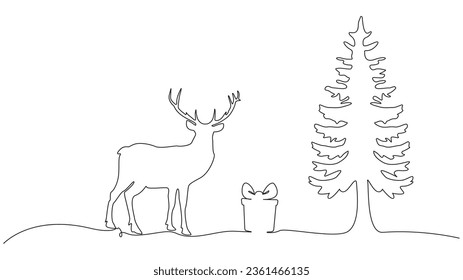 Silueta de reno, regalo, árbol de navidad. Dibujo continuo de una línea. Ilustración vectorial.