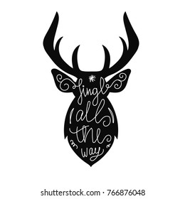 Reindeer silhouette with handlettered greetings. Elk or deer illustration. Handdrawn print