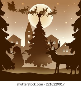 Reindeer Silhouette in the Middle of the City at Christmas Time. Merry Christmas Greeting Card