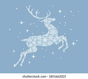 Reindeer Silhouette With Snowflake Pattern Isolated On A Blue Background. Christmas Symbol Vector Illustration.