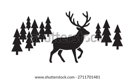 Reindeer silhouette walking in pine tree forest. Wild deer with big antlers vector illustration isolated on white.