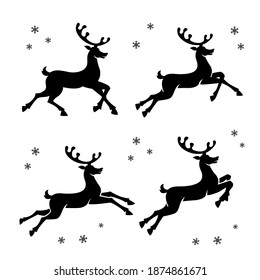 Reindeer silhouettes collected in big vector set. Black running deers isolated on white background.	
