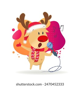 Reindeer singing Christmas song in microphone. Song, performance, karaoke. Can be used for topics like New Year, holiday, concert