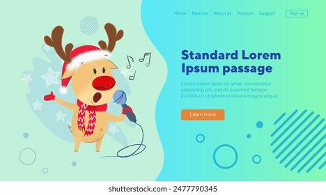 Reindeer singing Christmas song in microphone. Song, performance, karaoke. New Year, holiday, concert concept for banner or landing page design