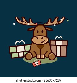 Reindeer sitting on an isolated background with a garland and gifts. Wild forest animals are herbivores. Flat vector illustration 