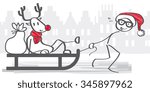 Reindeer sitting on the sledge and pulled by Santa Claus