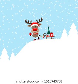 Reindeer With Ski And Sleigh On Mountain Snow Blue