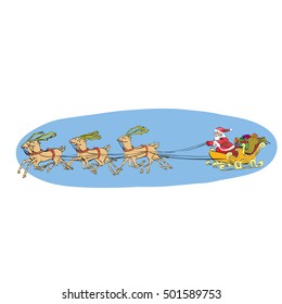 Reindeer sled carries Santa Claus on a sleigh, hand drawn vector illustration. Christmas and New year