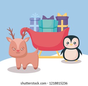 reindeer with sled of gift boxes and penguin christmas