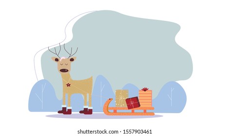Reindeer sledding lucky gifts, many gifts, outside winter, happy new year holiday, Christmas greeting card, winter greeting card, hand drawn flat color illustration, winter mood