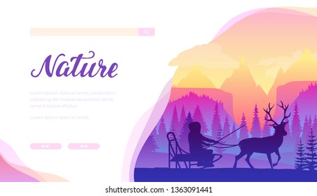 Reindeer sledding services vector landing page template. North Pole, Lapland winter minimalistic landscape. Rider in sleigh with deer flat silhouettes. Nature web banner with text space