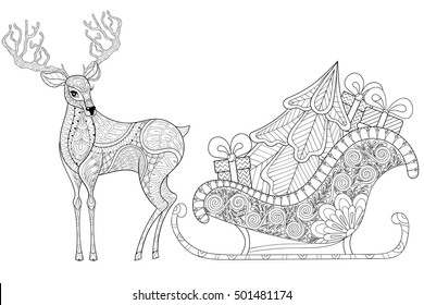 Reindeer with Sledges of Santa with Christmas tree, gifts in patterned style for adult anti stress coloring pages, art therapy, tattoo. Vector illustration on white background. Hand drawn sketch.