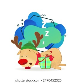 Reindeer sleeping with Christmas present. Cartoon, dreaming, gift. Can be used for topics like animal, holiday, North Pole