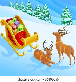 Reindeer , Sleigh And Christmas Gifts