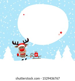 Reindeer With Sleigh In Forest Speech Bubble Snow Blue