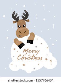 Reindeer in the snow. Hand draw text: Merry Christmas.