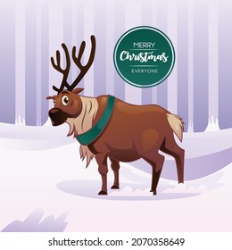 Reindeer in Snow Jungle Christmas Cartoon Illustration