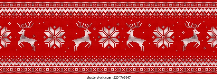 Reindeer and Snowflake. Christmas Pixel Pattern. Traditional Nordic Seamless Striped Ornament. Scheme for Knitted Sweater Pattern Design or Cross Stitch Embroidery