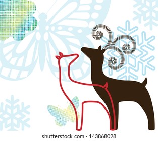 Reindeer and snowflakes with butterflies