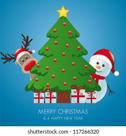 reindeer and snowman behind christmas tree gifts