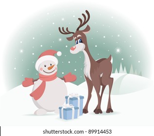 Reindeer with Snowman and Christmas gifts on winter hills