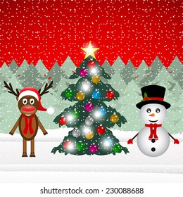reindeer and snowman in a forest and Christmas tree