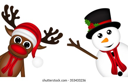 reindeer and a snowman on the side of a white background