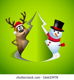 Reindeer and snowman with paper cut tree - winter theme - Merry christmas  - vector illustration - original new year card
