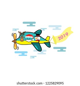 Reindeer ,snowman and Santa Claus on   the airplane 2019 cartoon , Vector. Happy new year