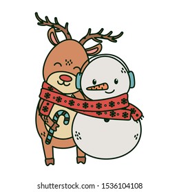 reindeer and snowman with scarf candy cane celebration merry christmas vector illustration
