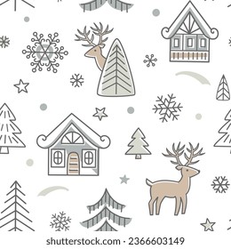 Reindeer and snowy houses seamless pattern. Christmas neutral pastel background. Scandinavian winter style. Vector illustration.