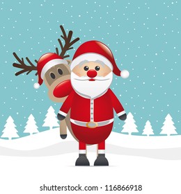 reindeer stand behind santa claus winter landscape