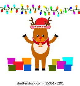 reindeer stand under hanging christmas light and colorful gift box on white background