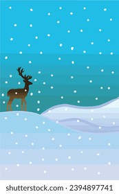 A reindeer standing alone on the snowed hill with the light blue sky background and the falling snow. Illustration for Christmas.