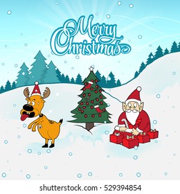Reindeer standing tired and protruding tongue. Santa Claus sitting count a gift on snow land. Christmas illustration. Santa and Deer in Christmas. Christmas vector. Funny Santa and Reindeer.