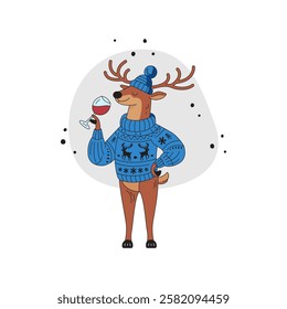 reindeer standing upright elegantly dressed in intricately Christmas attire Holding a wine glass