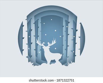 Reindeer stands alone among trees and snow,Paperwork concept.