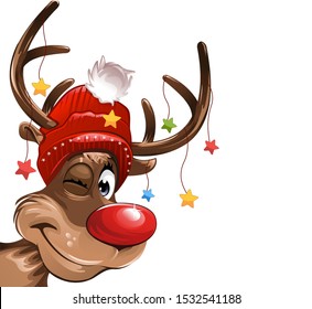 Reindeer with stars and christmas hat smiling red nose vector illustration eps10