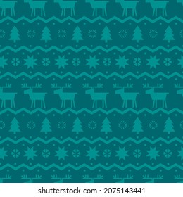 Reindeer and stars Christmas vector seamless pattern. Xmas simple rapport. Christmas green monochrome pattern. Christmas deers. Simple wrapping paper.
