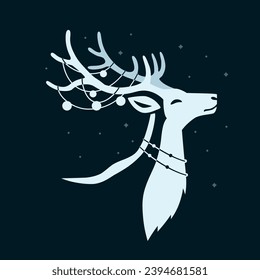 A reindeer with a string of Christmas lights in its antlers. Christmas vector illustration.