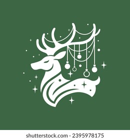 A reindeer with a string of Christmas lights in its antlers. Green background. Christmas vector illustration.