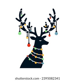 Reindeer with a string of colorful lights. Minimalist background. Festive vector illustration to use as a Christmas card.