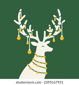 Reindeer with a string of lights. Minimalist background. Festive vector illustration to use as a Christmas card.