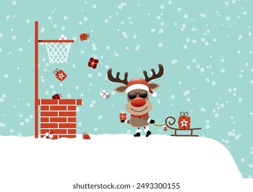Reindeer Sunglasses On Roof Plays Basketball With Gifts Turquoise Dark Red