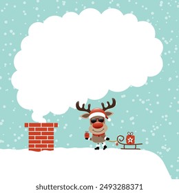 Reindeer Sunglasses On Roof Speech Bubble Made Of Smoke Turquoise Dark Red