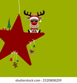 Reindeer Sunglasses On Star With Icons Light Green Dark Red