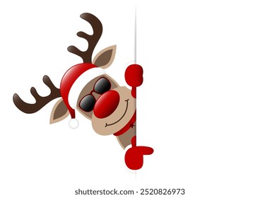 Reindeer Sunglasses Pointing On Banner Left Outside Dark Red